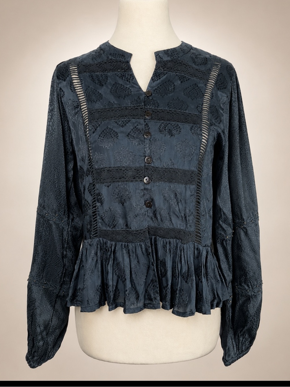 NWT NKN Nekane AU.DORIA Blue Jacquard Boho Peplum Blouse Beaded Small